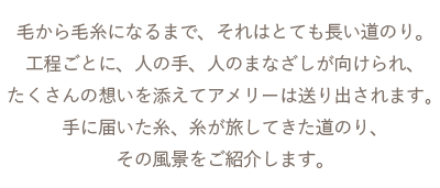 羊毛から毛糸になるまで、それはとても長い道のり。工程ごとに、人の手、人のまなざしが向けられ、たくさんの想いを添えてアメリーは送り出されます。手に届いた糸、糸が旅してきた道のり、その風景をご紹介します。